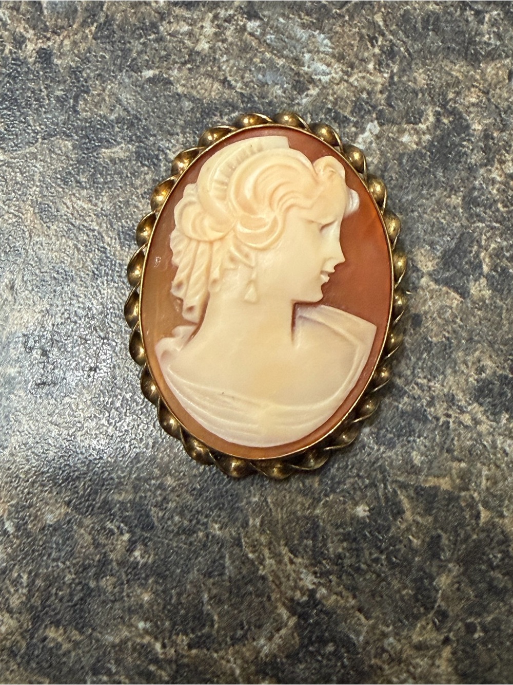 Vintage Cameo Portrait Brooch in Cream and Brown with 12k Gold Frame